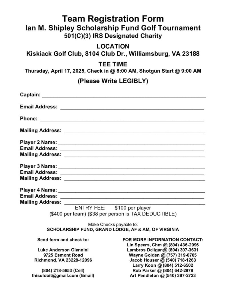 2025 Shipley Golf Tournament Registration Form